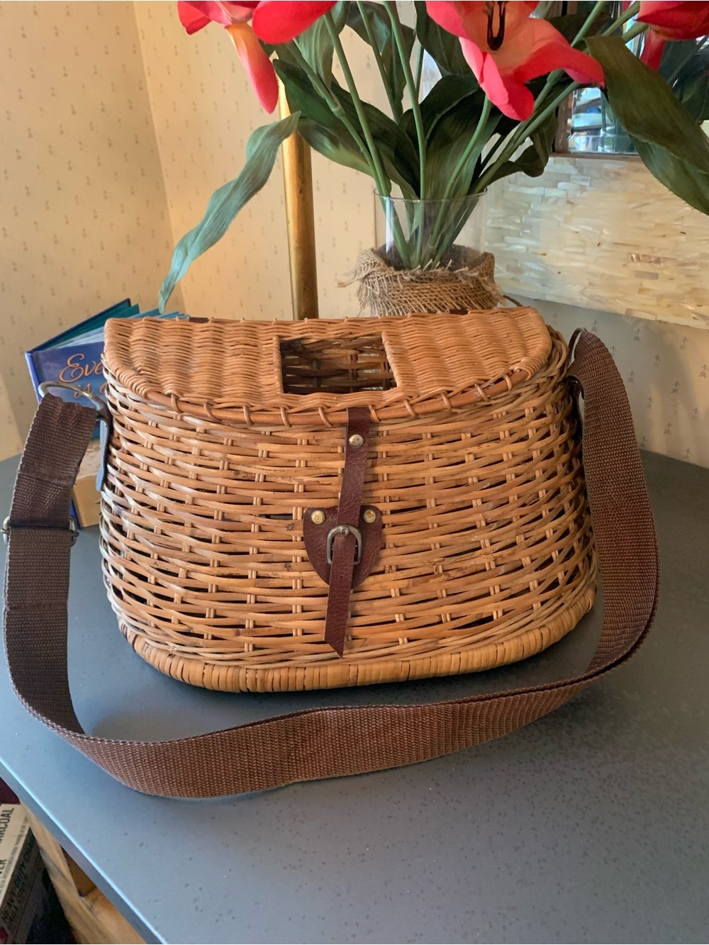 Antique wicker, rattan CENTER HOLE Fishing Creel Basket, adj BROWN canvas strap.